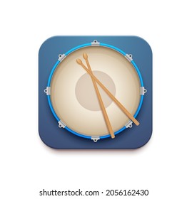 Musical Drum Kit App Vector 3d Icon Of Snare Drum With Sticks. Isolated Square Button Of Mobile Or Web Application Interface, Ui Or Gui With Top View Of Percussion Music Instrument And Drumsticks