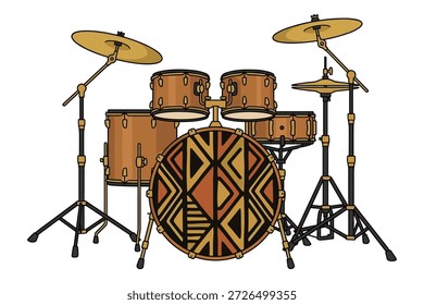musical drum kit featuring bass drum, snare, tom-toms, and cymbals, adorned with cultural design, ready for performance