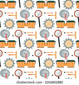Musical drum wood rhythm music instrument. seamless pattern background percussion musician performance. vector illustration