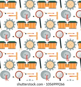 Musical drum wood rhythm music instrument seamless pattern background percussion musician performance vector illustration