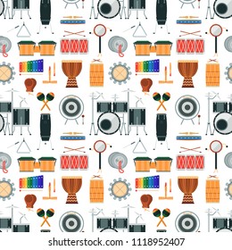 Musical drum wood rhythm music instrument seamless pattern background percussion musician performance vector illustration