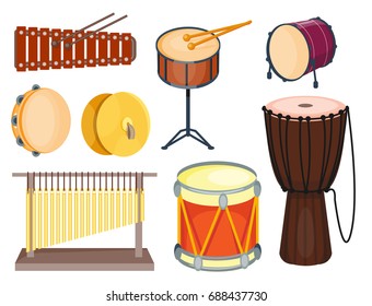 Musical drum wood rhythm music instrument series set of percussion vector illustration