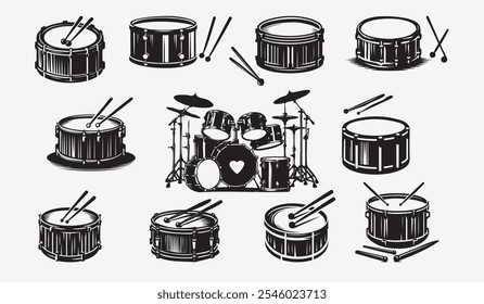 Musical drums bundle with vector illustrations of drum sets, percussion, and music instruments.