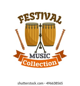 Musical drums. Music festival emblem with vector icon of cuban, african conga drums kit, drum sticks and brown ribbon