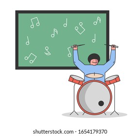 Musical Education Concept. The Boy Is Learning To Play Musical Instruments. Student Take a Music Course Playing Percussion At The Music School. Cartoon Linear Outline Flat Style. Vector Illustration