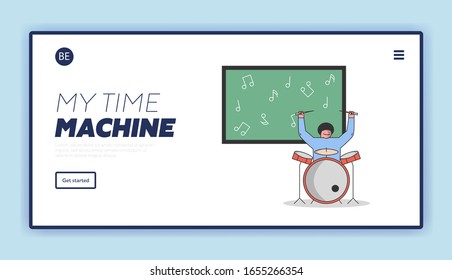 Musical Education Concept. Boy Playing Drums. Website Landing Page. Student Take a Music Course Playing Percussion At The Music School. Cartoon Linear Outline Flat Style. Vector Illustration