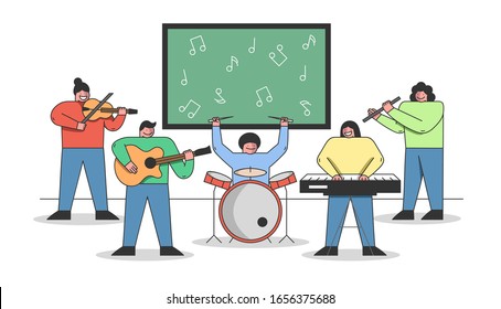 Musical Education Concept. People Are Learning To Play Different Musical Instruments. Students Have A Group Music Lesson in Orchestra At School. Cartoon Linear Outline Flat Style. Vector Illustration