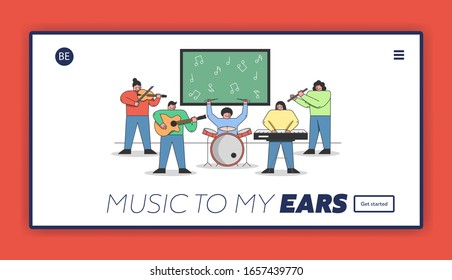 Musical Education Concept. Students At Music School. Website Landing Page. Students Have A Group Music Lesson in Orchestra At School. Cartoon Linear Outline Flat Style. Vector Illustration