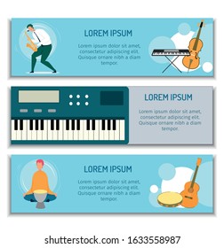 Musical Education School Header Banner Design Set. Training Lessons for Kids and Adults. Piano, Sax, Tribal Drum, Guitar, Synthesizer, Double Bass. Performance or Concert Ads. Vector Illustration