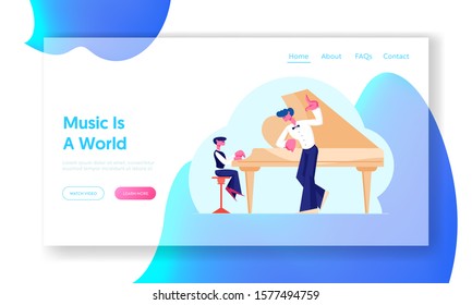 Musical Education Website Landing Page. Little Boy in Concert Dress Training on Grand Piano with Help of Experienced Teacher. Young Pianist on Stage Web Page Banner. Cartoon Flat Vector Illustration