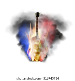 The musical element of jazz guitar in smoke and fire. Isolated object on a white background, can be used with any image or text.