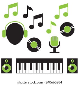 Musical elements in black and green style isolated on white