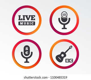 Musical elements icons. Microphone and Live music symbols. Paid music and acoustic guitar signs. Infographic design buttons. Circle templates. Vector