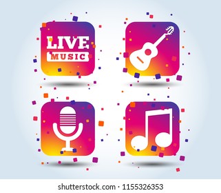 Musical elements icons. Microphone and Live music symbols. Music note and acoustic guitar signs. Colour gradient square buttons. Flat design concept. Vector