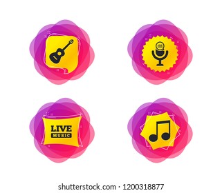 Musical elements icons. Microphone and Live music symbols. Music note and acoustic guitar signs. Geometric gradient sales shapes. Creative banners. Template for design. Guitar Vector