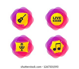 Musical elements icons. Microphone and Live music symbols. Music note and acoustic guitar signs. Geometric gradient sales shapes. Creative banners. Template for design. Vector