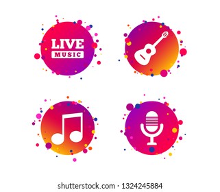 Musical elements icons. Microphone and Live music symbols. Music note and acoustic guitar signs. Gradient circle buttons with icons. Random dots design. Vector