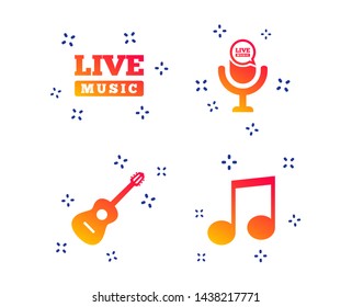Musical elements icons. Microphone and Live music symbols. Music note and acoustic guitar signs. Random dynamic shapes. Gradient music icon. Vector