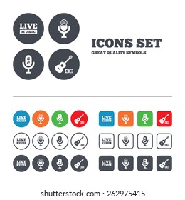 Musical elements icons. Microphone and Live music symbols. Paid music and acoustic guitar signs. Web buttons set. Circles and squares templates. Vector