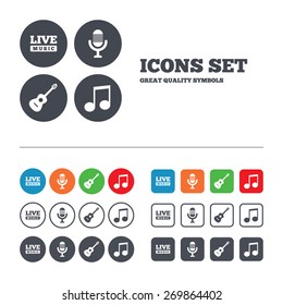 Musical elements icons. Microphone and Live music symbols. Music note and acoustic guitar signs. Web buttons set. Circles and squares templates. Vector