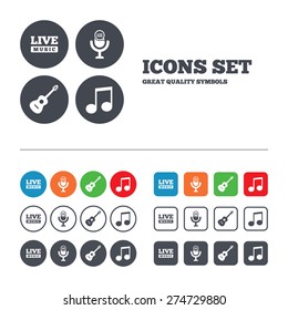 Musical elements icons. Microphone and Live music symbols. Music note and acoustic guitar signs. Web buttons set. Circles and squares templates. Vector