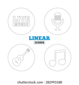 Musical elements icons. Microphone and Live music symbols. Music note and acoustic guitar signs. Linear outline web icons. Vector