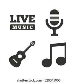 Musical Elements Icons. Microphone And Live Music Symbols. Music Note And Acoustic Guitar Signs. Flat Icons On White. Vector