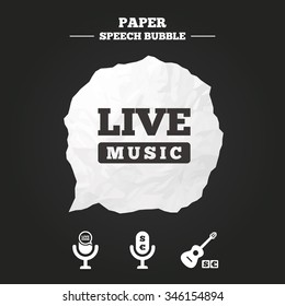 Musical elements icons. Microphone and Live music symbols. Paid music and acoustic guitar signs. Paper speech bubble with icon.