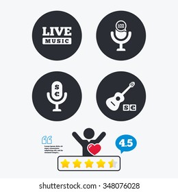 Musical elements icons. Microphone and Live music symbols. Paid music and acoustic guitar signs. Star vote ranking. Client like and think bubble. Quotes with message.