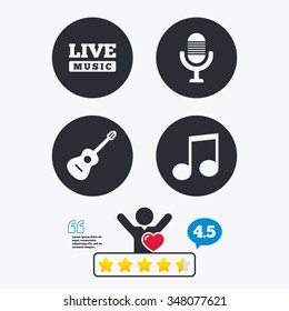 Musical elements icons. Microphone and Live music symbols. Music note and acoustic guitar signs. Star vote ranking. Client like and think bubble. Quotes with message.