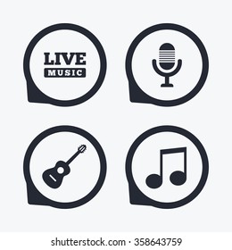 Musical elements icons. Microphone and Live music symbols. Music note and acoustic guitar signs. Flat icon pointers.