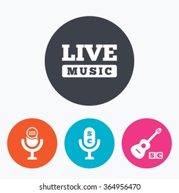 Musical elements icons. Microphone and Live music symbols. Paid music and acoustic guitar signs. Circle flat buttons with icon.