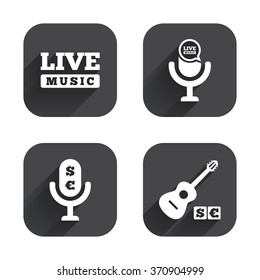 Musical elements icons. Microphone and Live music symbols. Paid music and acoustic guitar signs. Square flat buttons with long shadow.