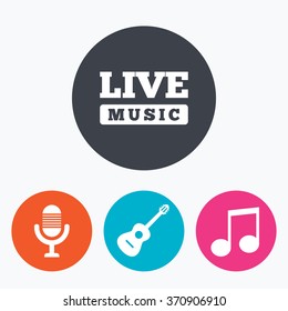 Musical elements icons. Microphone and Live music symbols. Music note and acoustic guitar signs. Circle flat buttons with icon.