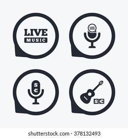 Musical elements icons. Microphone and Live music symbols. Paid music and acoustic guitar signs. Flat icon pointers.