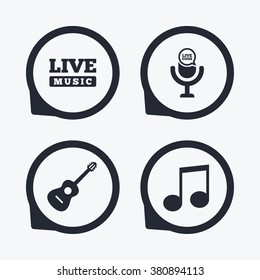 Musical elements icons. Microphone and Live music symbols. Music note and acoustic guitar signs. Flat icon pointers.