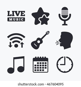 Musical elements icons. Microphone and Live music symbols. Music note and acoustic guitar signs. Wifi internet, favorite stars, calendar and clock. Talking head. Vector
