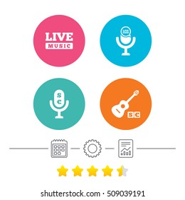 Musical elements icons. Microphone and Live music symbols. Paid music and acoustic guitar signs. Calendar, cogwheel and report linear icons. Star vote ranking. Vector