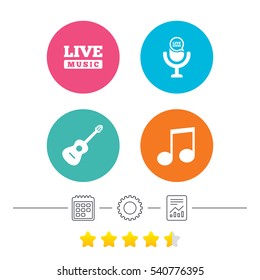 Musical elements icons. Microphone and Live music symbols. Music note and acoustic guitar signs. Calendar, cogwheel and report linear icons. Star vote ranking. Vector