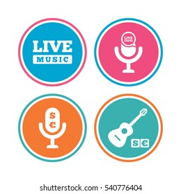 Musical elements icons. Microphone and Live music symbols. Paid music and acoustic guitar signs. Colored circle buttons. Vector