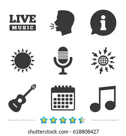 Musical elements icons. Microphone and Live music symbols. Music note and acoustic guitar signs. Information, go to web and calendar icons. Sun and loud speak symbol. Vector