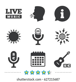 Musical elements icons. Microphone and Live music symbols. Paid music and acoustic guitar signs. Information, go to web and calendar icons. Sun and loud speak symbol. Vector