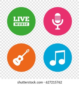 Musical elements icons. Microphone and Live music symbols. Music note and acoustic guitar signs. Round buttons on transparent background. Vector