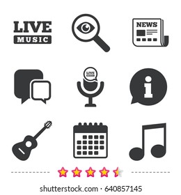 Musical elements icons. Microphone and Live music symbols. Music note and acoustic guitar signs. Newspaper, information and calendar icons. Investigate magnifier, chat symbol. Vector