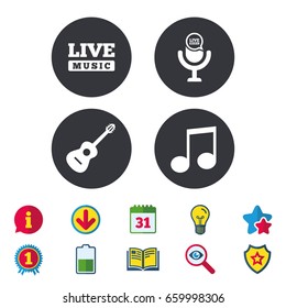 Musical elements icons. Microphone and Live music symbols. Music note and acoustic guitar signs. Calendar, Information and Download signs. Stars, Award and Book icons. Light bulb, Shield and Search