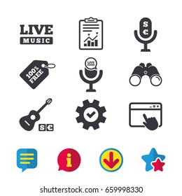 Musical elements icons. Microphone and Live music symbols. Paid music and acoustic guitar signs. Browser window, Report and Service signs. Binoculars, Information and Download icons. Stars and Chat