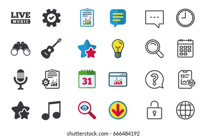Musical elements icons. Microphone and Live music symbols. Music note and acoustic guitar signs. Chat, Report and Calendar signs. Stars, Statistics and Download icons. Question, Clock and Globe