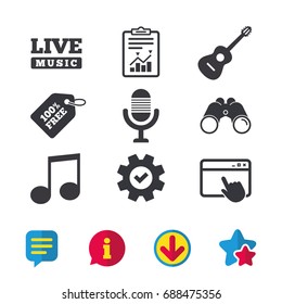 Musical elements icons. Microphone and Live music symbols. Music note and acoustic guitar signs. Browser window, Report and Service signs. Binoculars, Information and Download icons. Stars and Chat