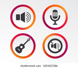 Musical elements icons. Microphone and Sound speaker symbols. No Sound and acoustic guitar signs. Infographic design buttons. Circle templates. Vector