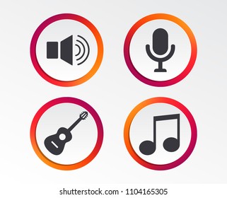 Musical elements icons. Microphone and Sound speaker symbols. Music note and acoustic guitar signs. Infographic design buttons. Circle templates. Vector